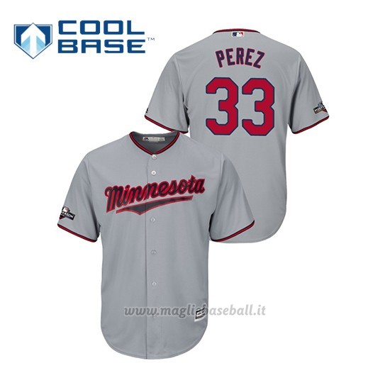Maglia Baseball Uomo Minnesota Twins 33 Martin Perez 2019 Postseason Cool Base Grigio
